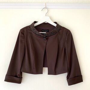 Cachet chocolate dark brown satin cropped beaded collar formal shrug jacket